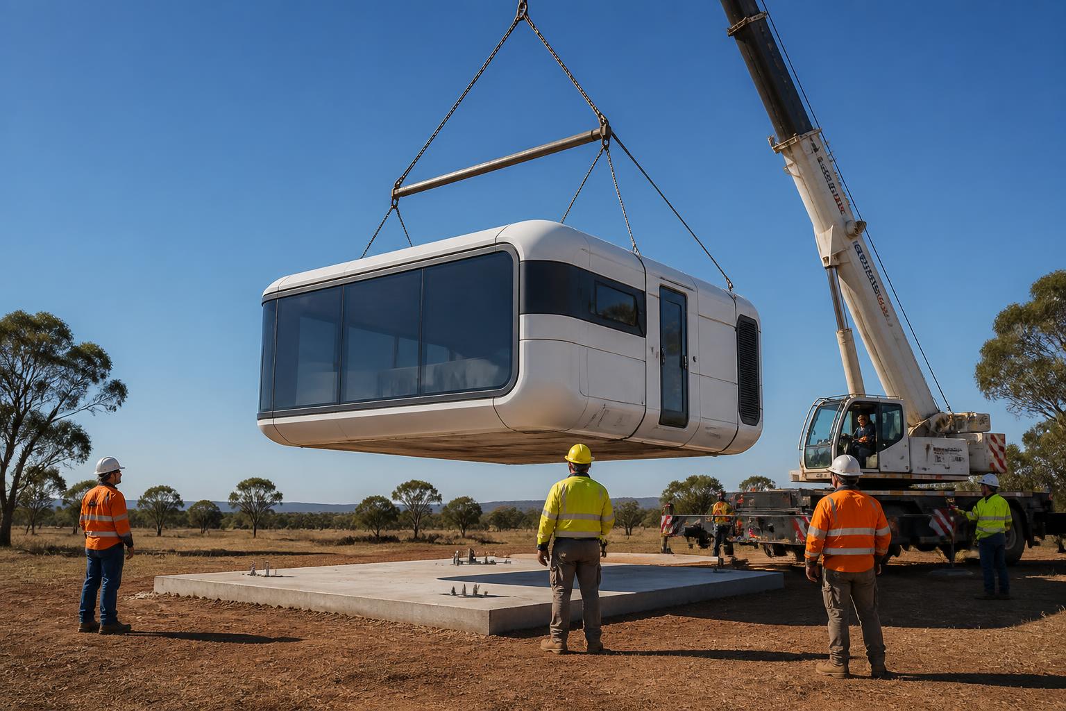 E7 capsule home being craned onto an Australian site