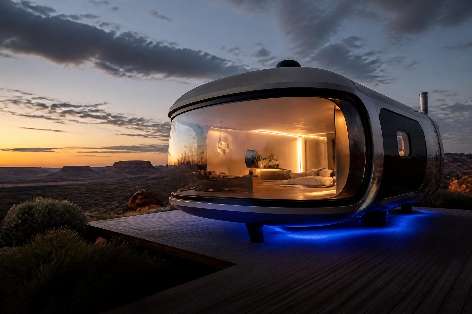 E7 capsule home at twilight in the Australian outback