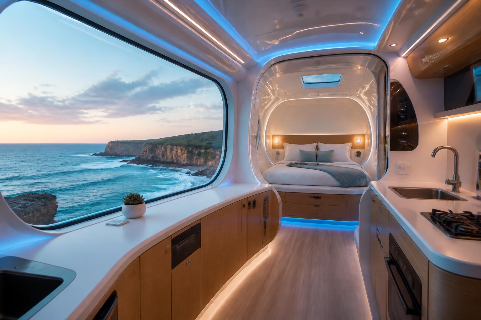 E7 capsule home interior with panoramic ocean view